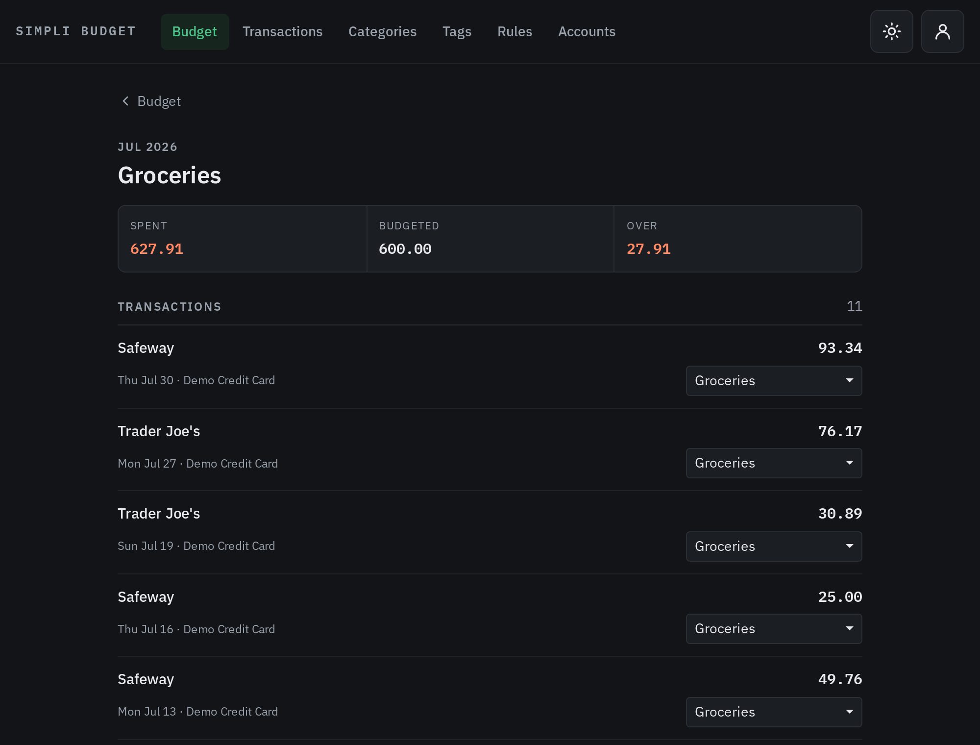 A category detail page for Groceries: spent, budgeted and over amounts, and the month's grocery transactions.